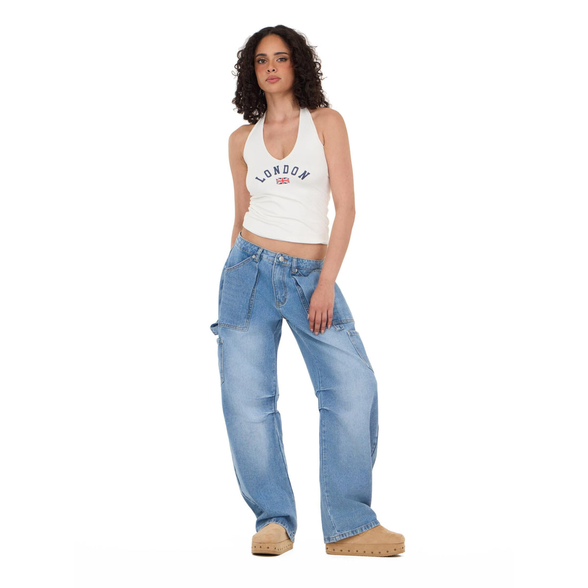 Forever 21 Women's Blue Barrel-Leg Cargo Jeans, Wide Barrel Silhouette for Everyday Casual Wear, Sizes 10