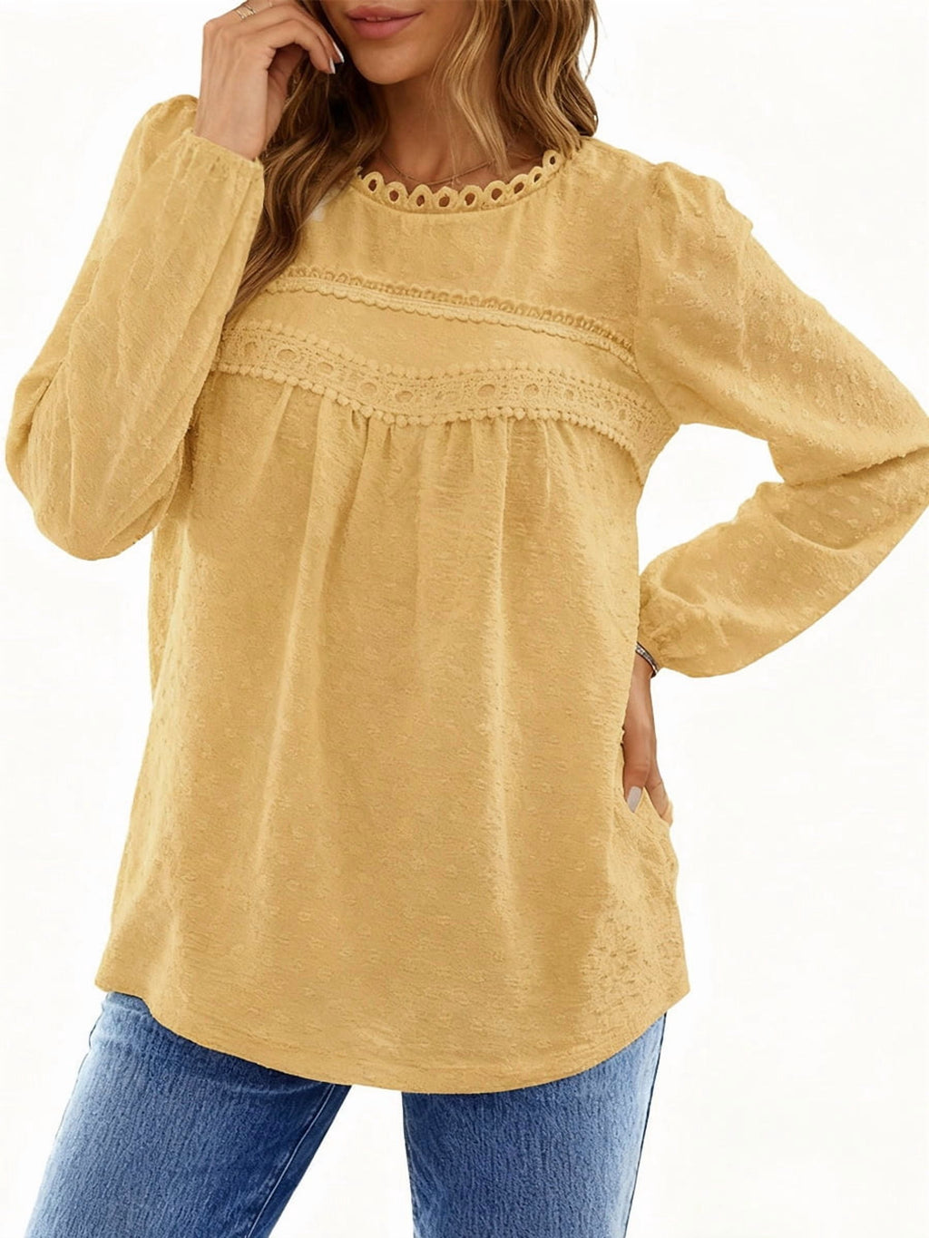 UVN Fall Shirts for Women Long Sleeve Blouses Ladies Crewneck Lace Crochet Tops Dressy Chiffon Blouses