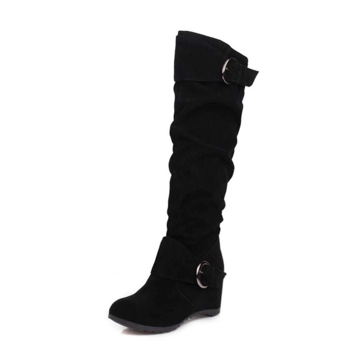hopeusnice Women's Over The Knee Boots Suede Buckle Wedge Heel Winter Warm Boots Fashion Slouchy Boots Knee High Boots Brown 35
