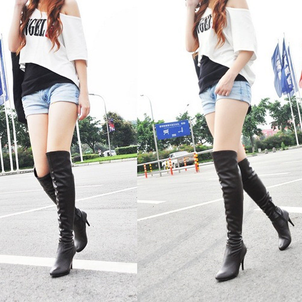 hopeusnice Women's Over The Knee Boots High Heel Faux Leather Pointed Toe Stilettos Chunky Heel Thigh High Boots Winter Booties Matte black 39