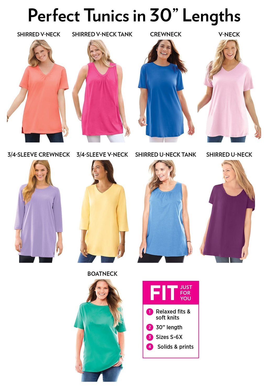 Woman Within Plus Size Perfect Three-Quarter Sleeve V-Neck Tunic