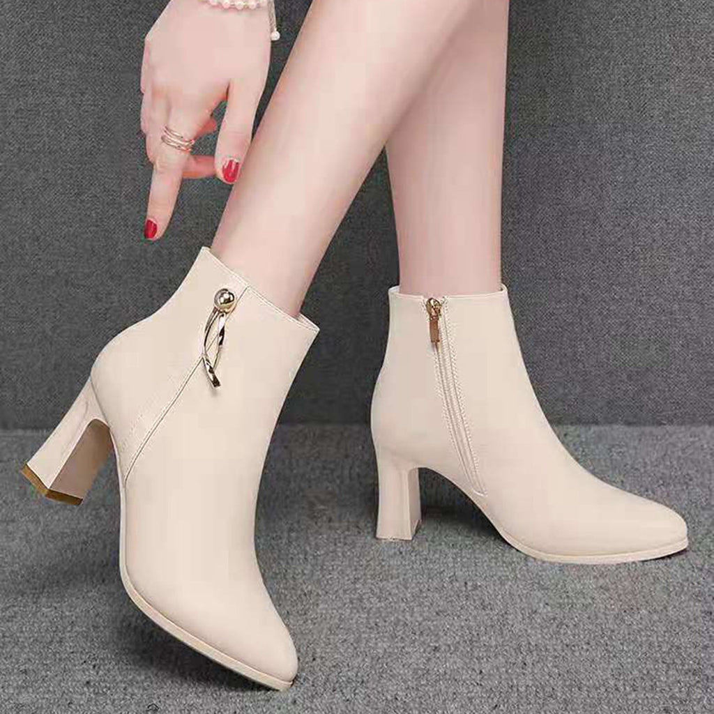 hopeusnice Women's Ankle Boots Pointed Toe Zipper Block Heel Booties Comfortable Leather Shoes Fall Winter Dressy Shoes Black 38