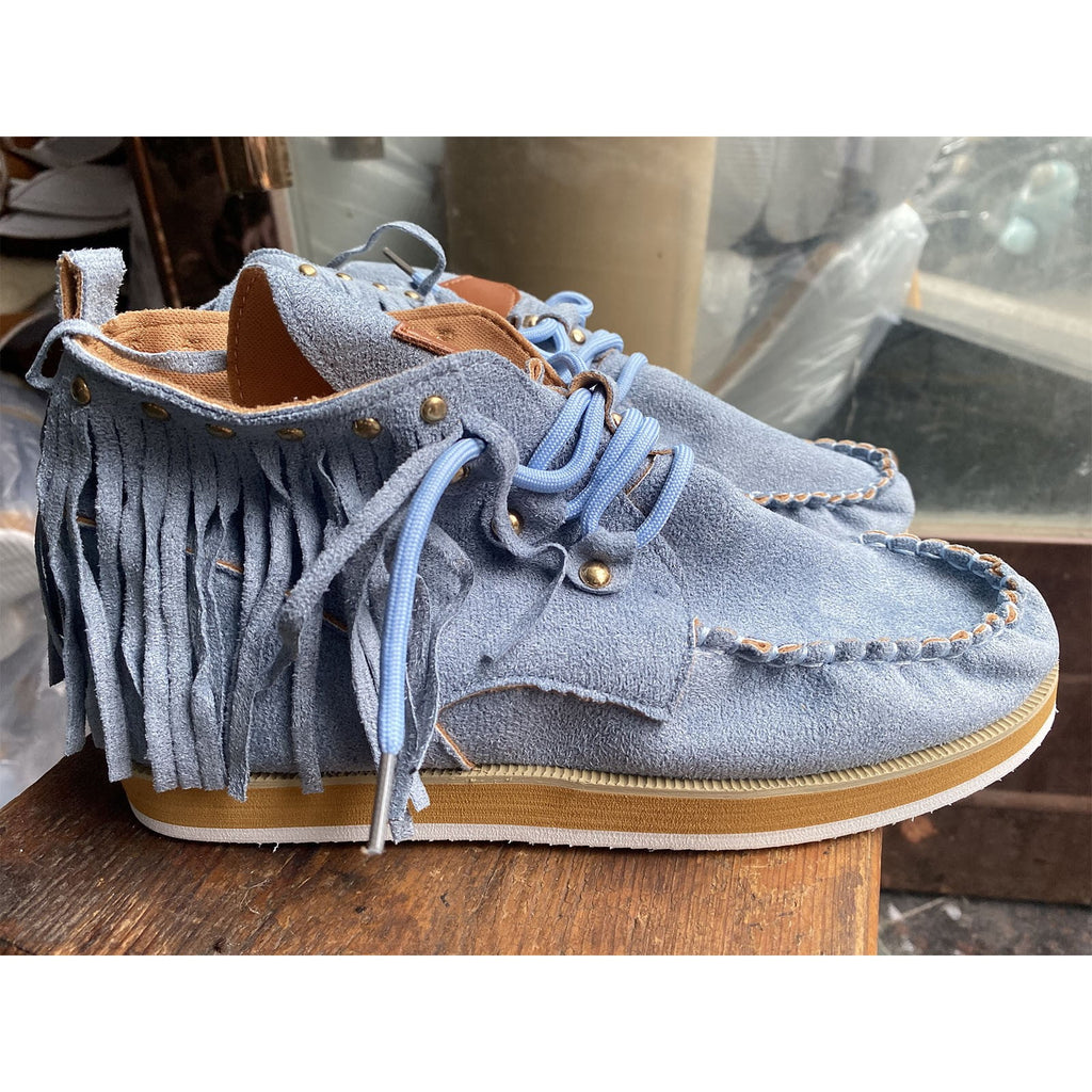 Women's Suede Fringe Ankle Boots Lace Up Low Top Shoes Comfortable Breathable Outdoor Walking Shoes Blue 40