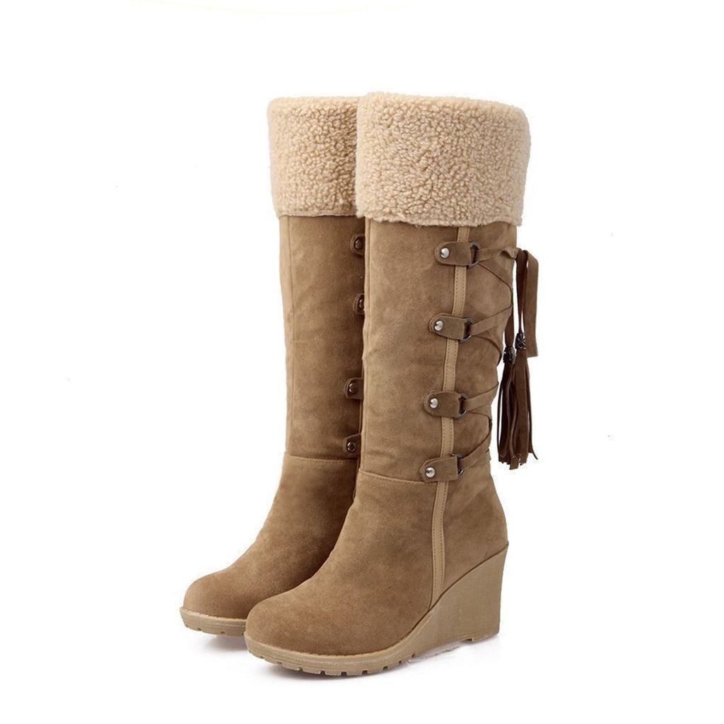 Women's Fashion Suede Wedge Boots Winter Warm Knee High Boots Buckle Tassel Side Zipper Booties Brown 35