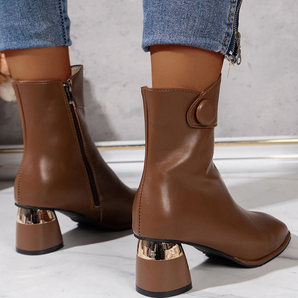 hopeusnice Women's Ankle Boots Square Toe Block Heel Leather Zipper Buckle Chunky Heel Fall Winter Fashion Comfortable Black 42
