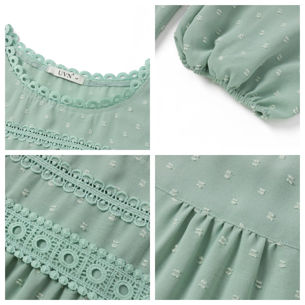 UVN Fall Shirts for Women Long Sleeve Blouses Ladies Crewneck Lace Crochet Tops Dressy Chiffon Blouses