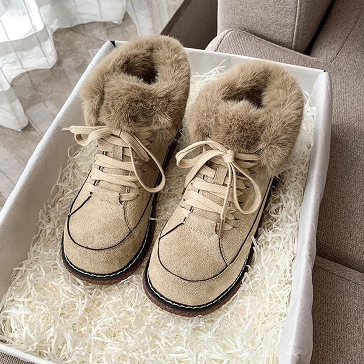 hopeusnice Women's Winter Snow Boots Fuzzy Fleece Lined Warm Ankle Booties Suede Shoes Lace Up Flats Comfortable Waterproof Shoes Black 38