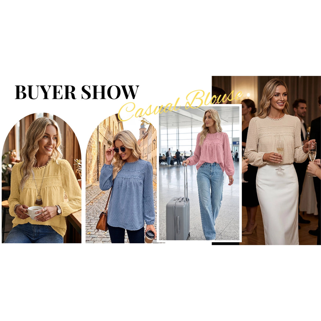 UVN Fall Shirts for Women Long Sleeve Blouses Ladies Crewneck Lace Crochet Tops Dressy Chiffon Blouses