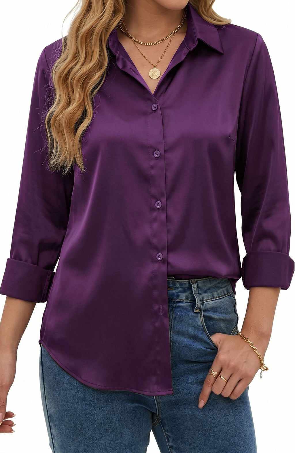 UVN Blouses for Women Long Sleeve Satin Shirts Button Down Ladies Casual Top