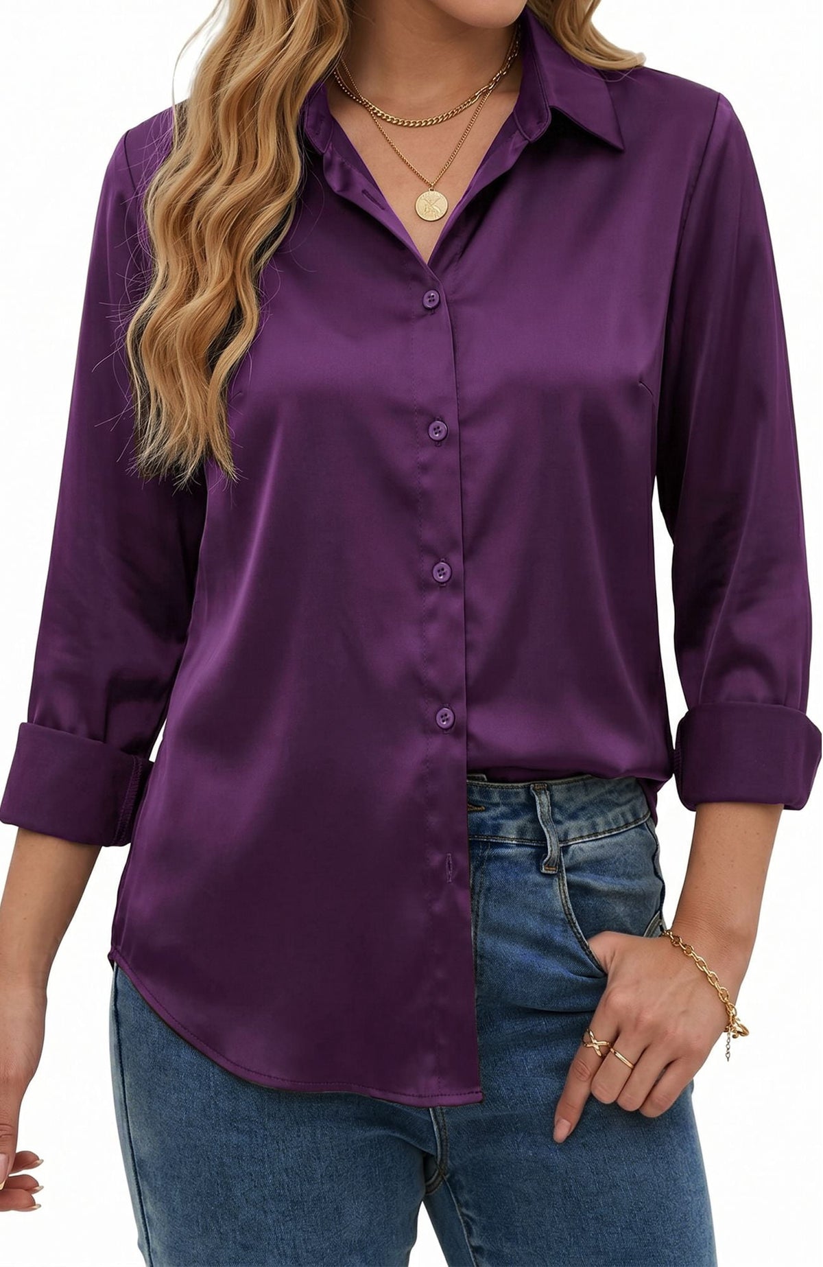UVN Blouses for Women Long Sleeve Satin Shirts Button Down Ladies Casual Top