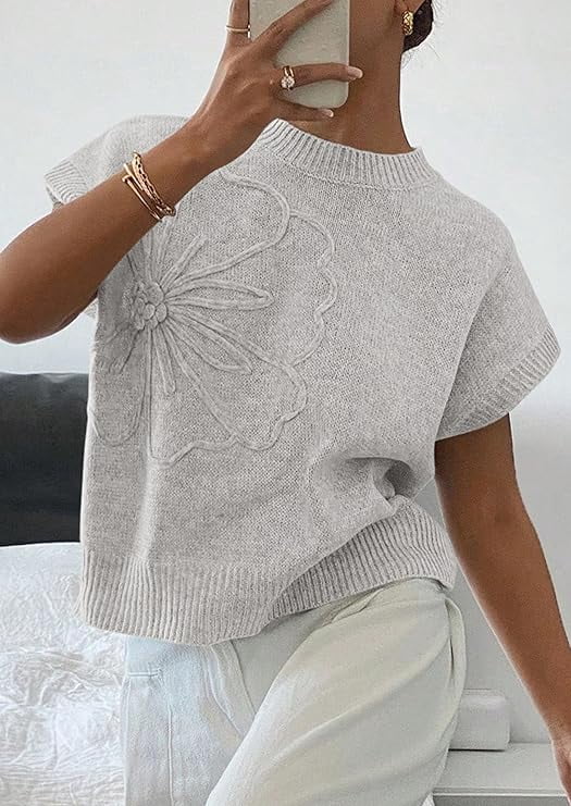 PRETTYGARDEN Women's Spring Sweater Vest Trendy Flower Knit Short Sleeve Cute Pullover Tank Tops Summer Fashion Clothing