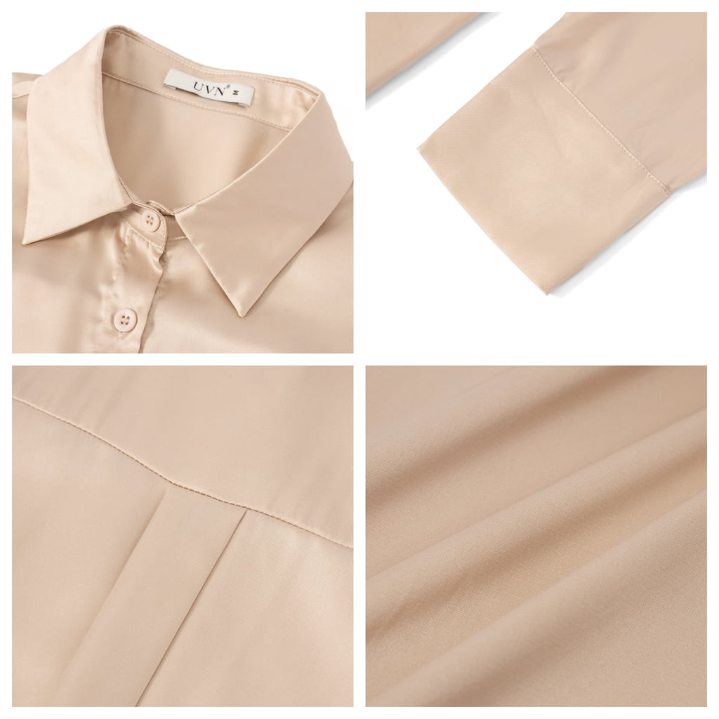 UVN Blouses for Women Long Sleeve Satin Shirts Button Down Ladies Casual Top