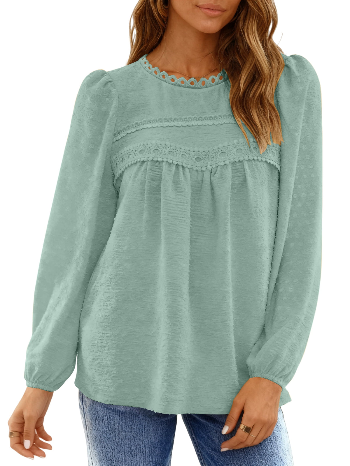 UVN Fall Shirts for Women Long Sleeve Blouses Ladies Crewneck Lace Crochet Tops Dressy Chiffon Blouses
