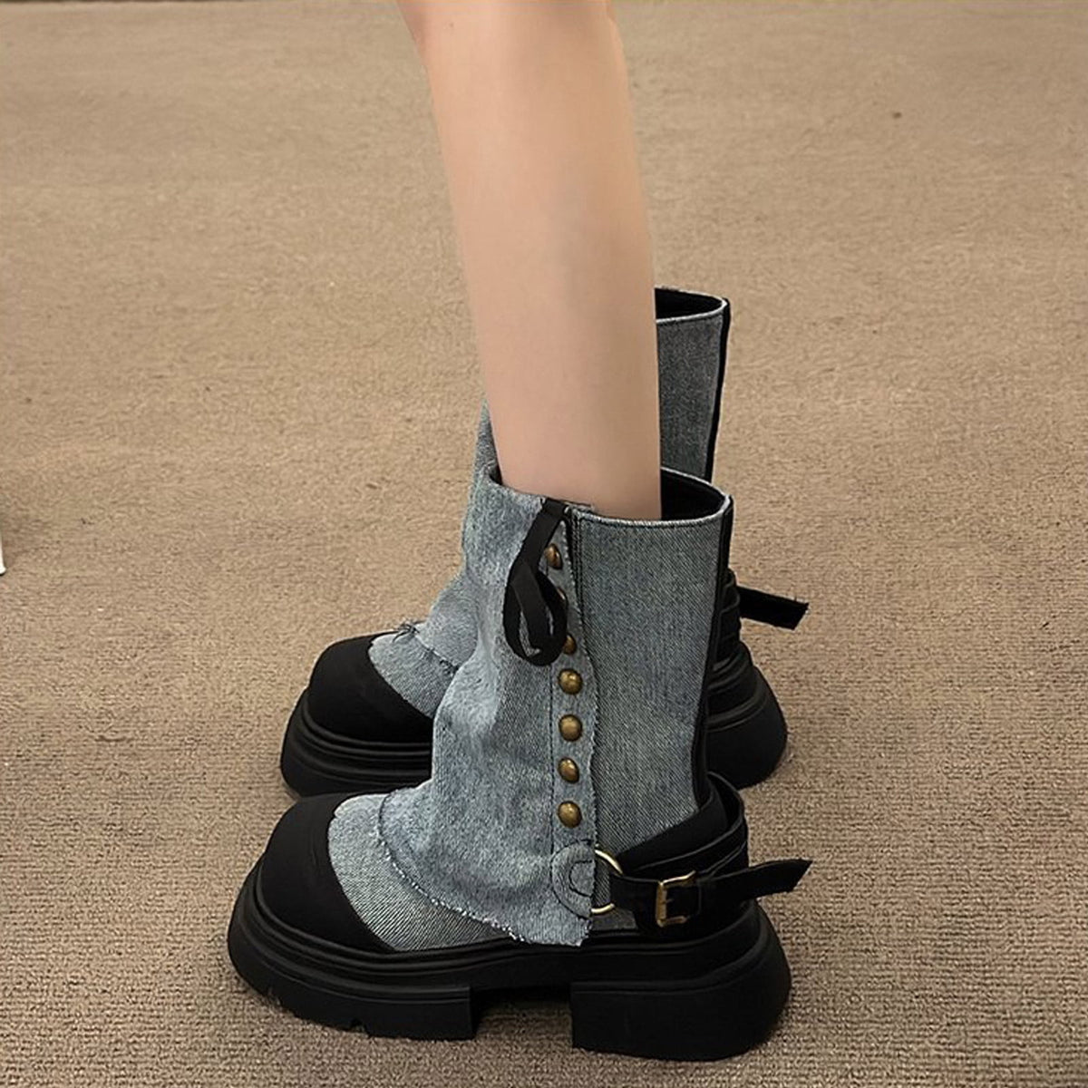 Hvyesh Fold Over Denim Boots for Women Sole Chunky Thick Soled Heel Booties Goth Punk Combat Zipper Mid Calf Booties Round Toe Dress Shoes,Boots for Women