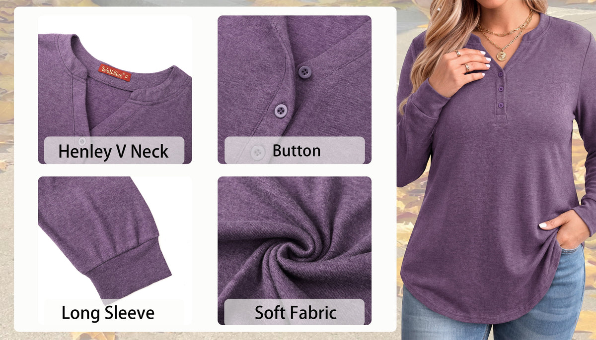 WellSize Plus Size Blouses for Women Henley V Neck Tops Casual Long Sleeve Button Shirts Fall Pullover Outfit