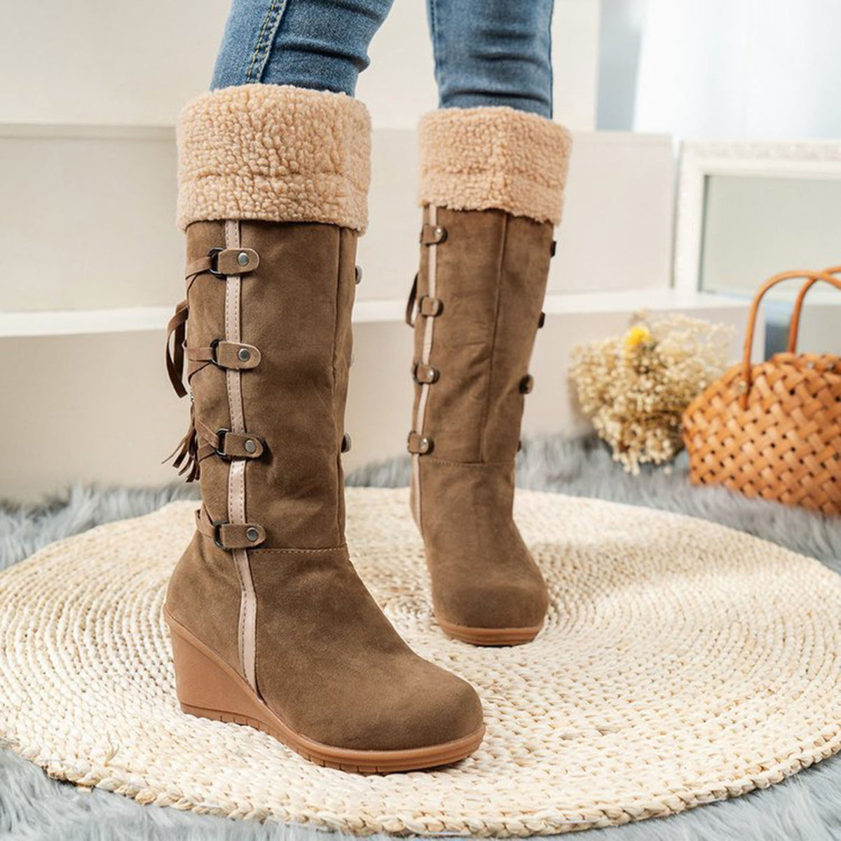 Women's Fashion Suede Wedge Boots Winter Warm Knee High Boots Buckle Tassel Side Zipper Booties Brown 35