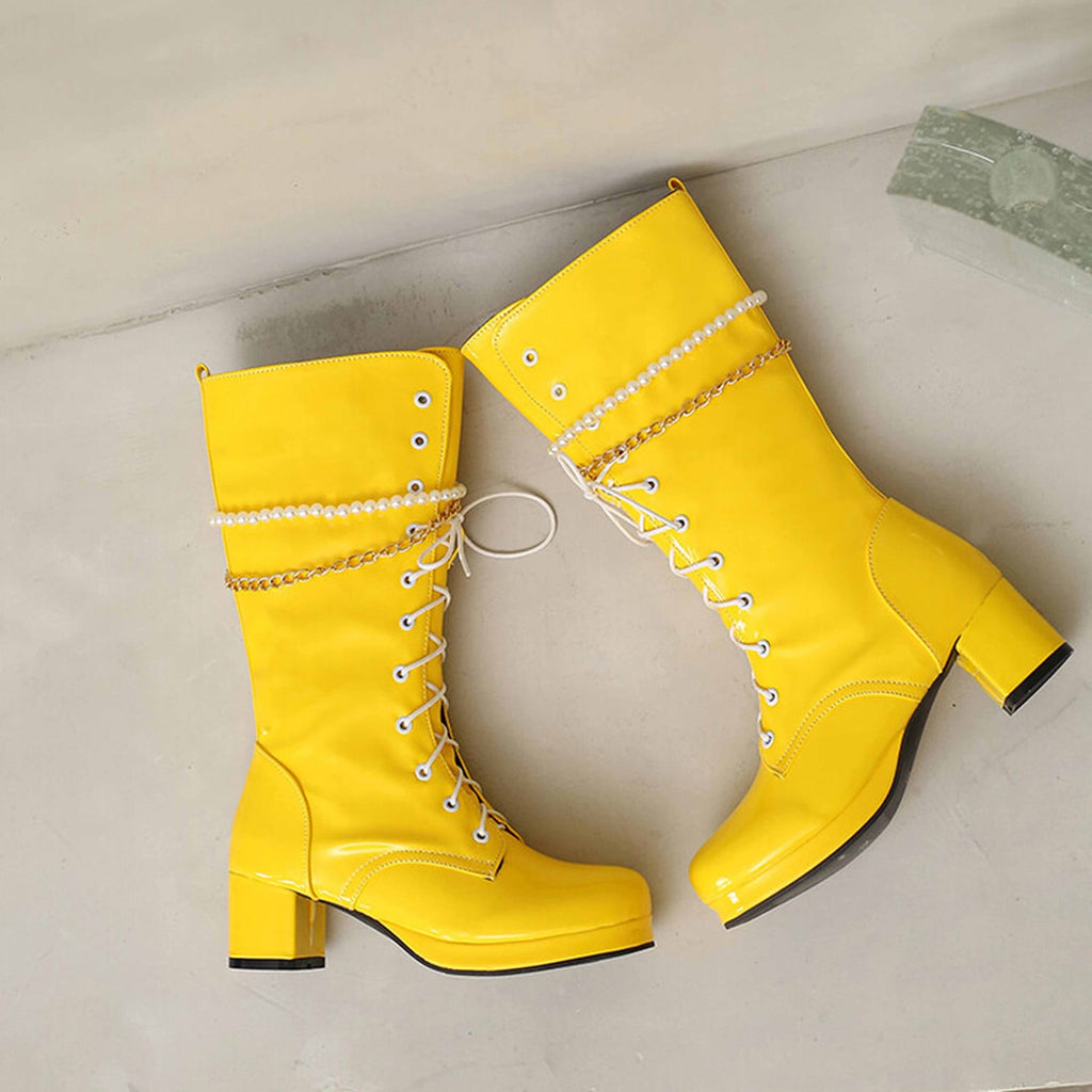 hopeusnice Knee High Boots for Women Mid Calf Boots Chunky Block Heels Buckle Lace Up Boots Stylish Fall Winter Shoes Orange 36