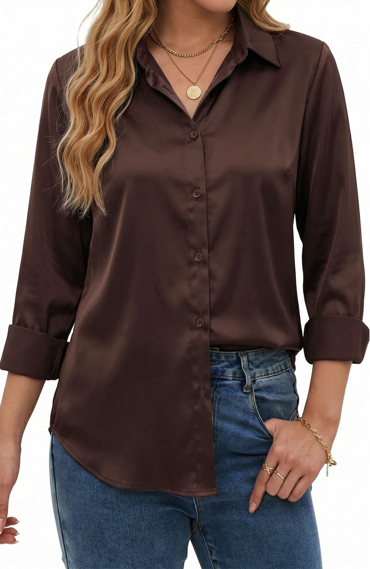 UVN Blouses for Women Long Sleeve Satin Shirts Button Down Ladies Casual Top