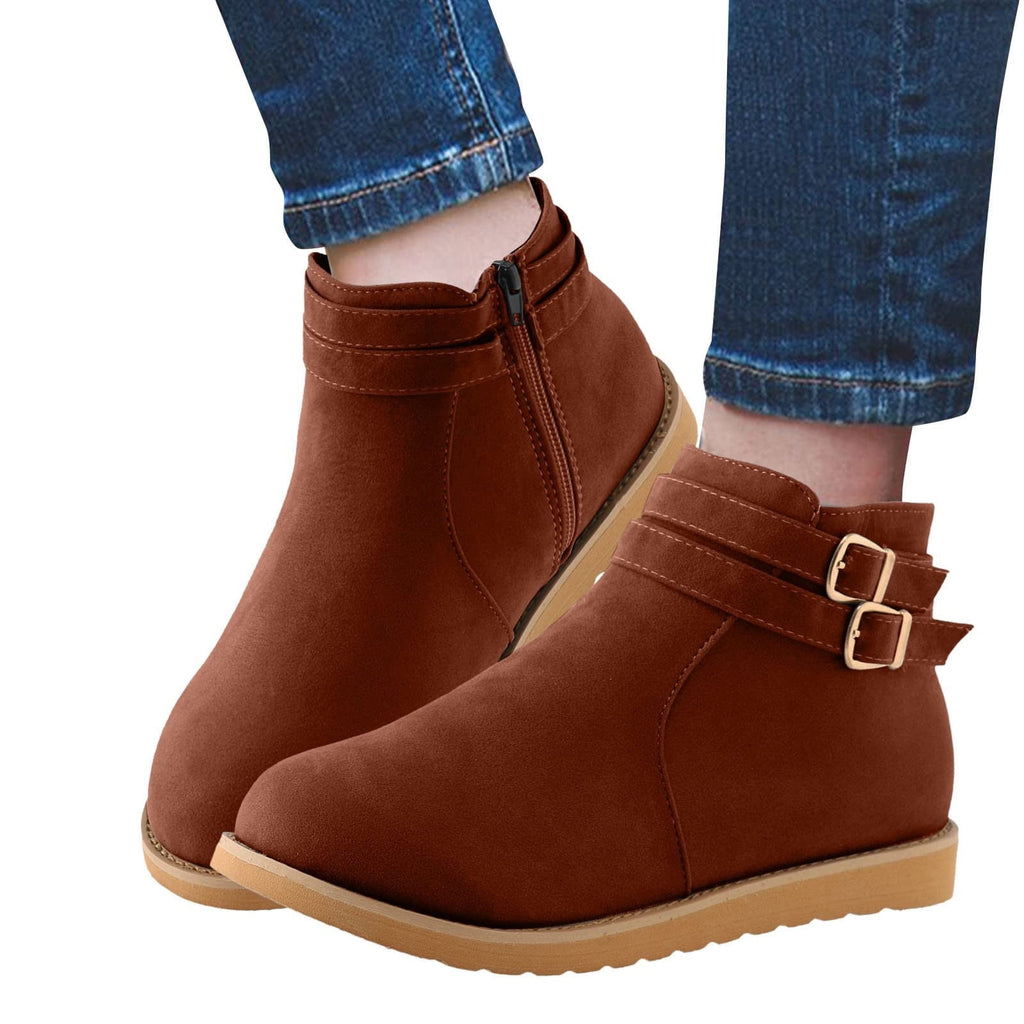 hopeusnice Women's Buckle Ankle Boots Suede Winter Warm Shoes Flat Heel Buckle Ankle Boots Comfortable Fashion Boots Black 36