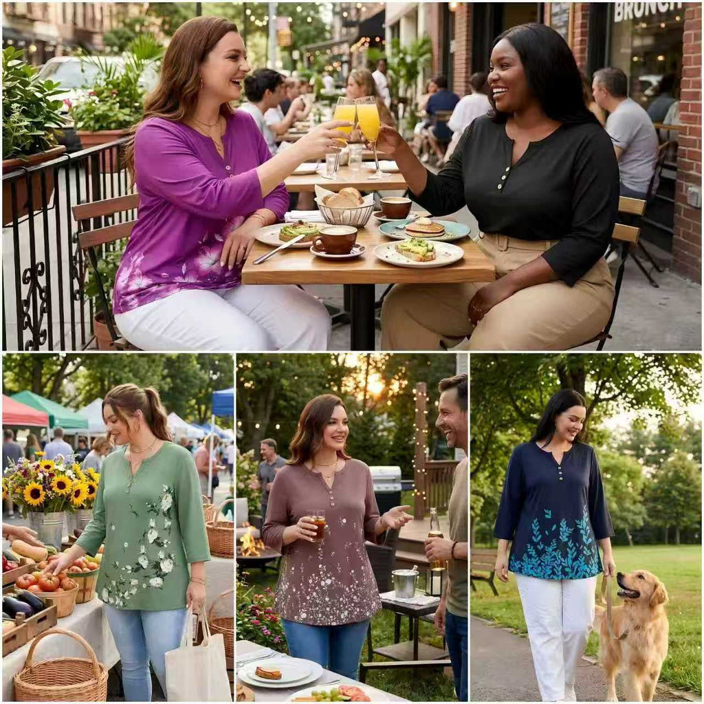 SHOWMALL Plus Size Tops for Women, 3/4 Sleeve Button V Neck Casual Tunic Blouse, Green, Size 4X