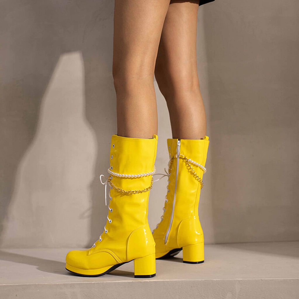 hopeusnice Knee High Boots for Women Mid Calf Boots Chunky Block Heels Buckle Lace Up Boots Stylish Fall Winter Shoes Orange 36