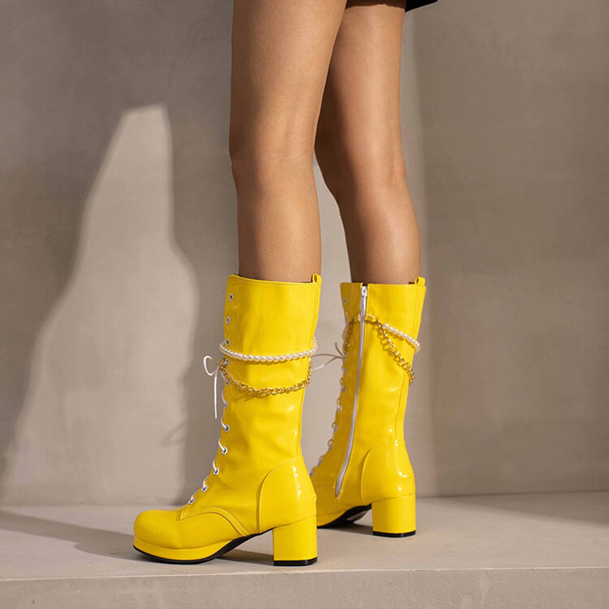 hopeusnice Knee High Boots for Women Mid Calf Boots Chunky Block Heels Buckle Lace Up Boots Stylish Fall Winter Shoes Orange 36