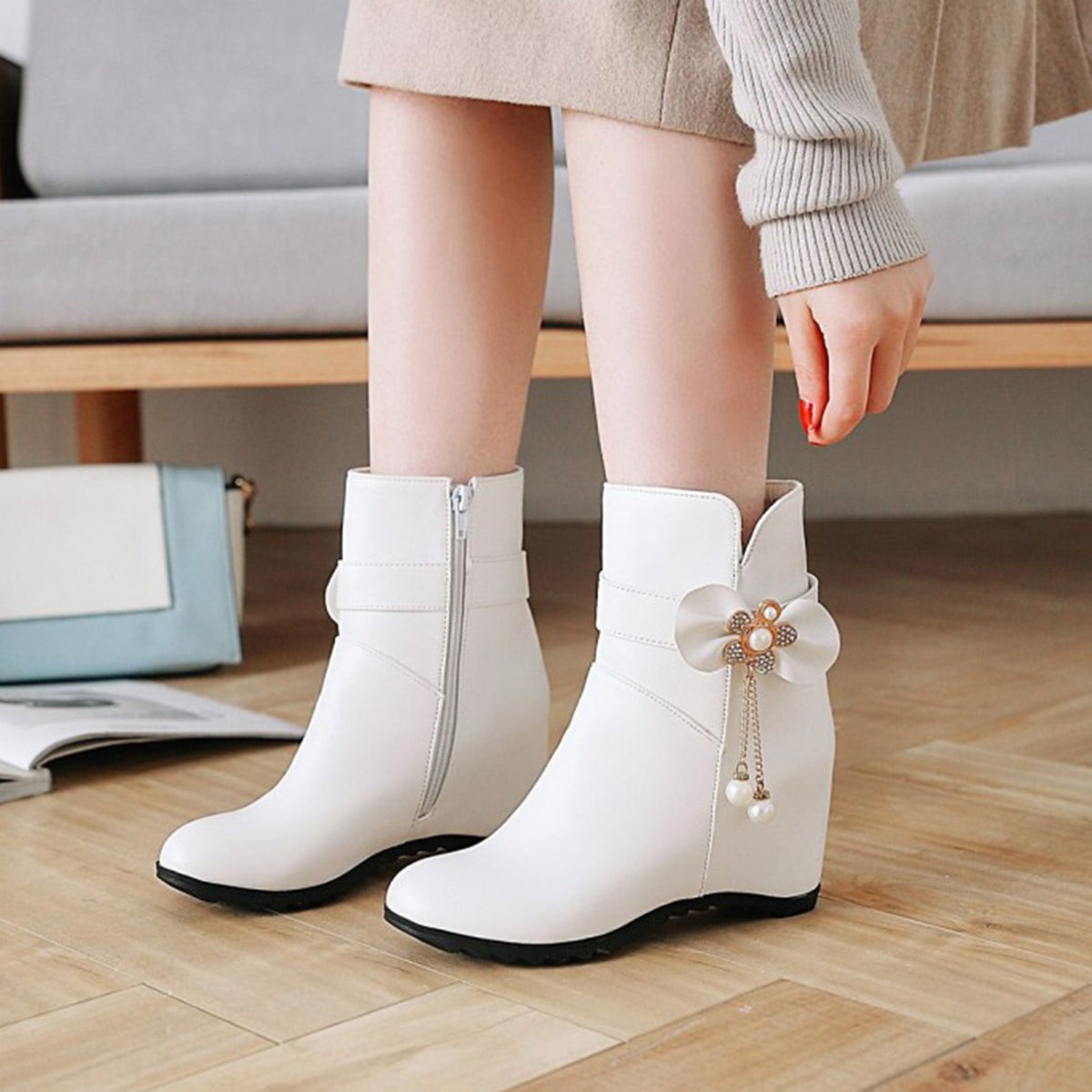 Women's Ankle Boots Wedge Heel Zipper Closure Bowknot Decor Faux Leather Booties Short Boots Comfortable Wedge Heel Shoes Pink 40