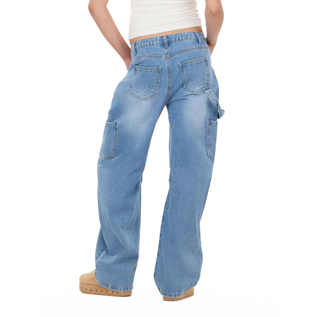 Forever 21 Women's Blue Barrel-Leg Cargo Jeans, Wide Barrel Silhouette for Everyday Casual Wear, Size 12