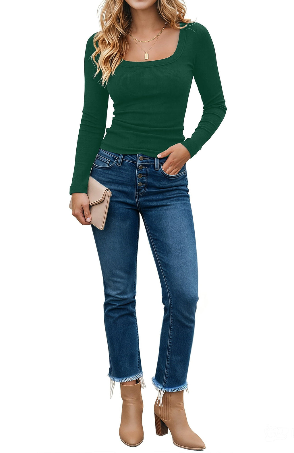 SPROUTOP Slim Fit Blouse for Women Long Sleeve Square Neck Shirts Ribbed Fall Ladies Casual Basic Tops