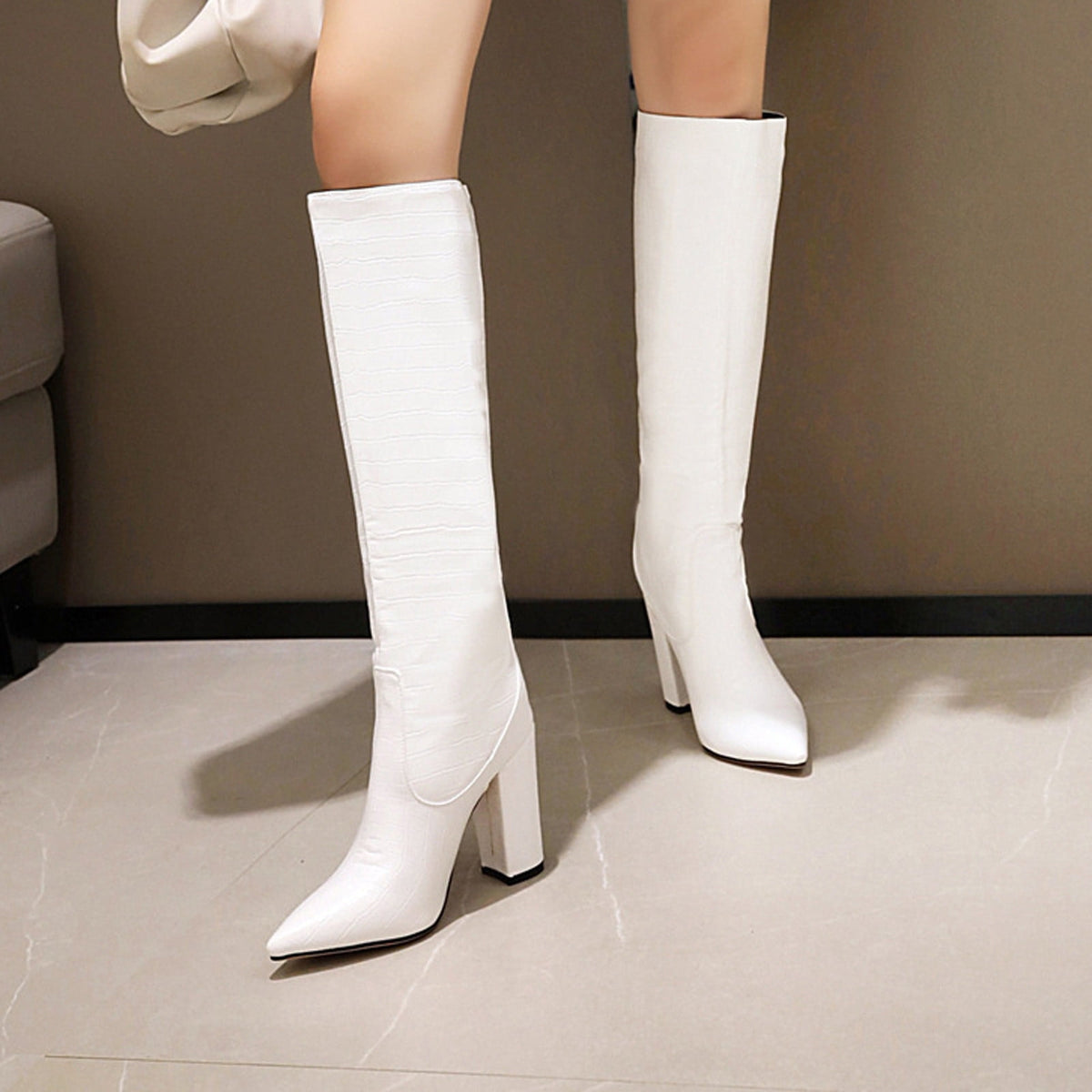 Women's Knee High Boots Pointed Toe Chunky Heel Leather Boots Fall Winter Warm Comfortable Fashion Boots Yellow 44