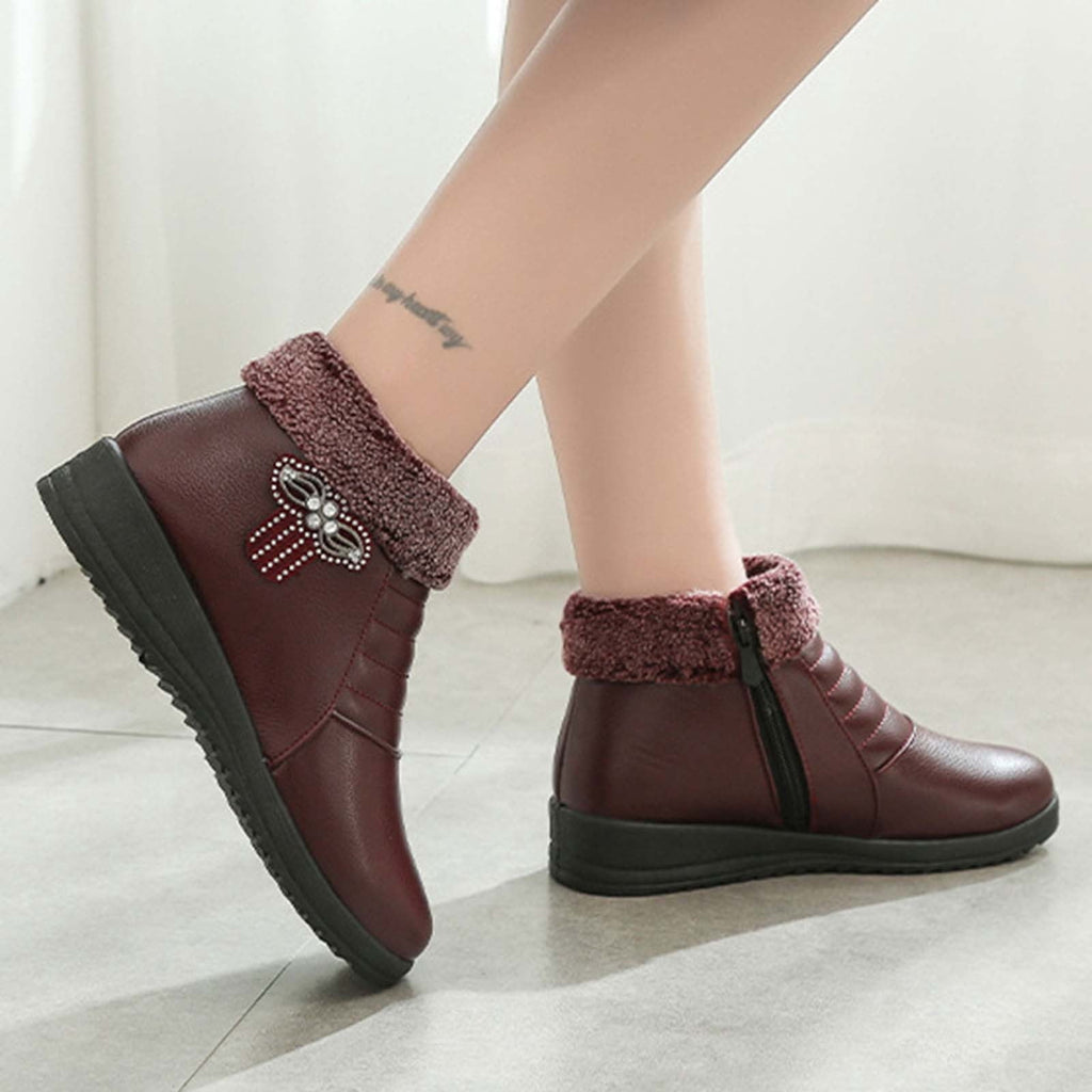 hopeusnice Women's Winter Boots Fuzzy Fleece Lined Warm Ankle Booties Slip On Plush Comfortable Non Slip Wedge Heel Shoes Wine 37