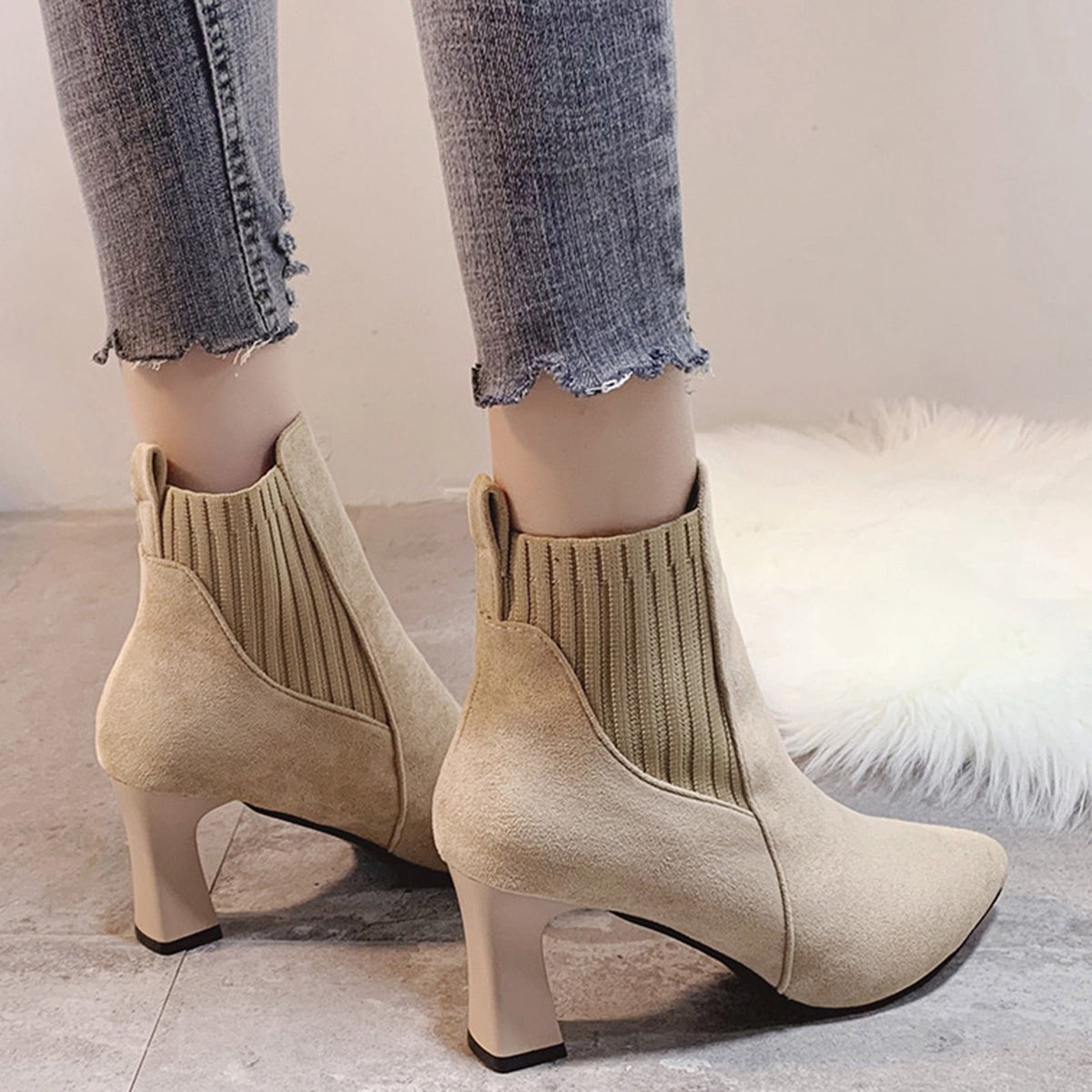 hopeusnice Women's Ankle Boots Pointed Toe Suede Block Heel Booties Elastic Side Zipper Comfortable Dress Boots Fall Winter Shoes Beige 39