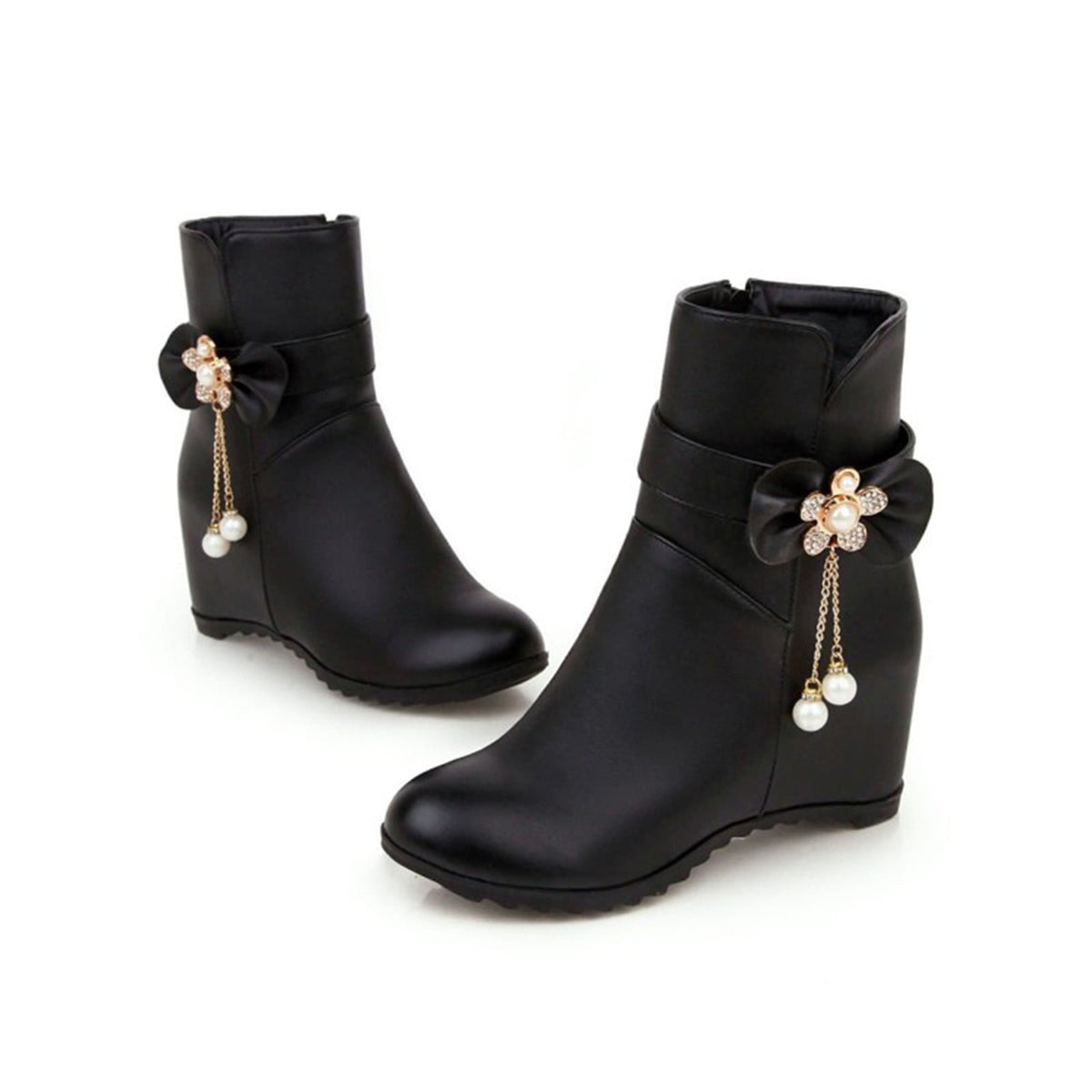 Women's Ankle Boots Wedge Heel Zipper Closure Bowknot Decor Faux Leather Booties Short Boots Comfortable Wedge Heel Shoes Pink 40