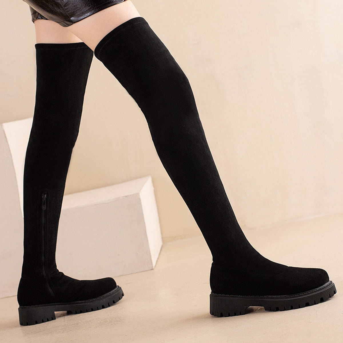 hopeusnice Women's Over The Knee Boots Suede Chunky Heel Winter Warm Boots Stretchy Sock Boots Block Heel Fashion Boots Mid Calf Boots Black 38