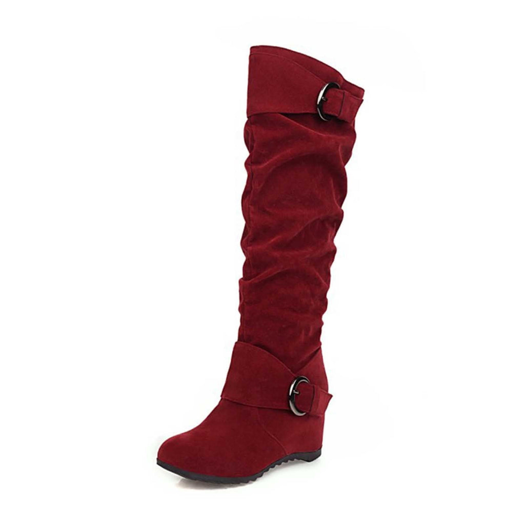 hopeusnice Women's Over The Knee Boots Suede Buckle Wedge Heel Winter Warm Boots Fashion Slouchy Boots Knee High Boots Brown 35