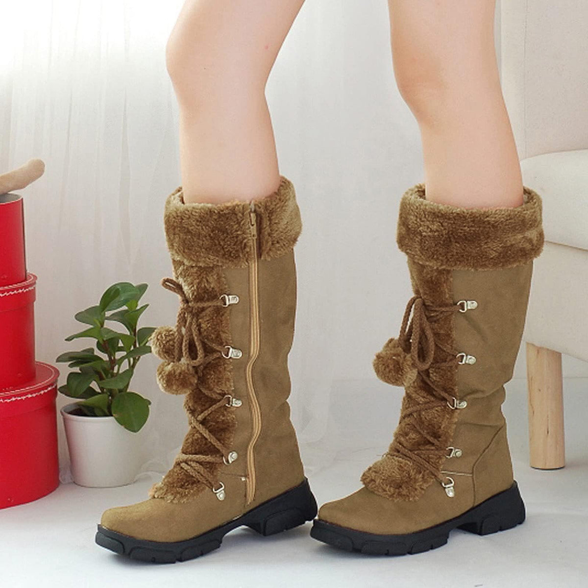 hopeusnice Women's Winter Boots Fuzzy Fleece Lined Knee High Snow Boots Warm Plush Lace Up Outdoor Ankle Boots Beige 36