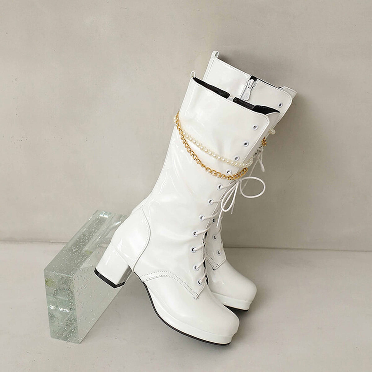 hopeusnice Knee High Boots for Women Mid Calf Boots Chunky Block Heels Buckle Lace Up Boots Stylish Fall Winter Shoes Orange 36
