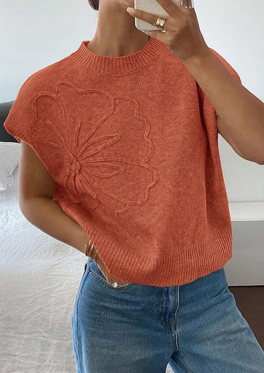 PRETTYGARDEN Women's Spring Sweater Vest Trendy Flower Knit Short Sleeve Cute Pullover Tank Tops Summer Fashion Clothing