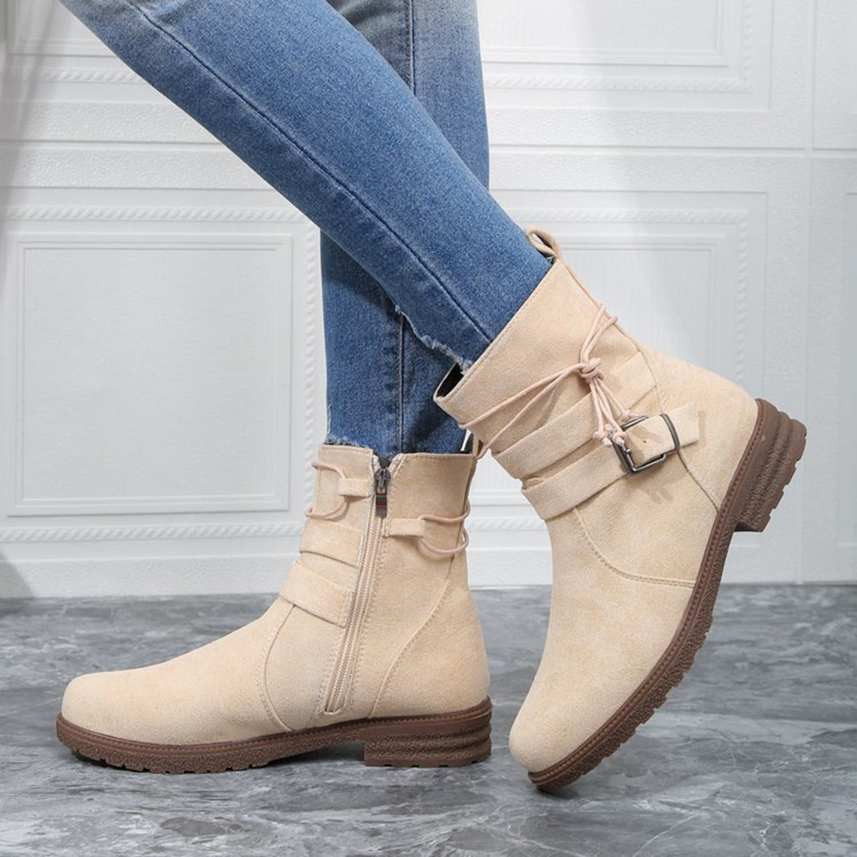 hopeusnice Women's Ankle Boots Suede Buckle Zipper Winter Booties Warm Flat Shoes Comfortable Low Heel Boots Beige 36