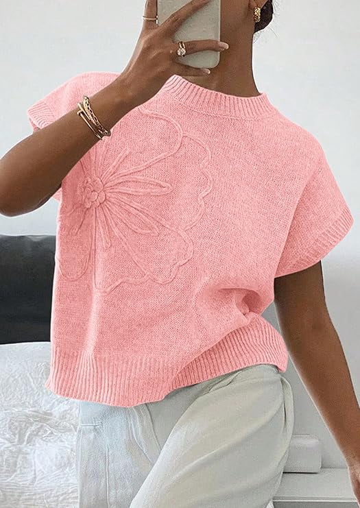 PRETTYGARDEN Women's Spring Sweater Vest Trendy Flower Knit Short Sleeve Cute Pullover Tank Tops Summer Fashion Clothing