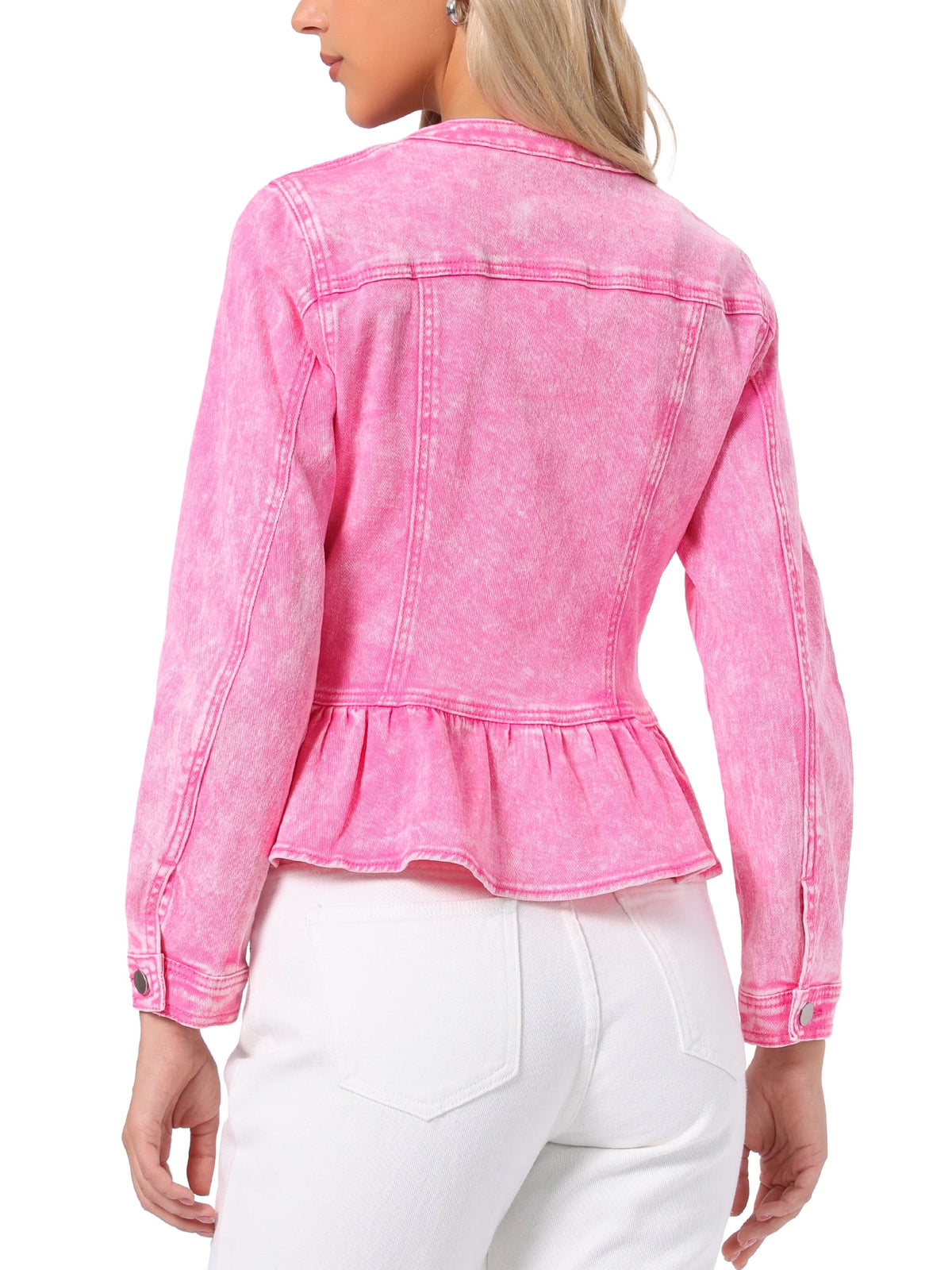 INSPIRE CHIC Women's Denim Jackets Button Down Peplum Hem Long Sleeves Cropped Jean Jackets White L