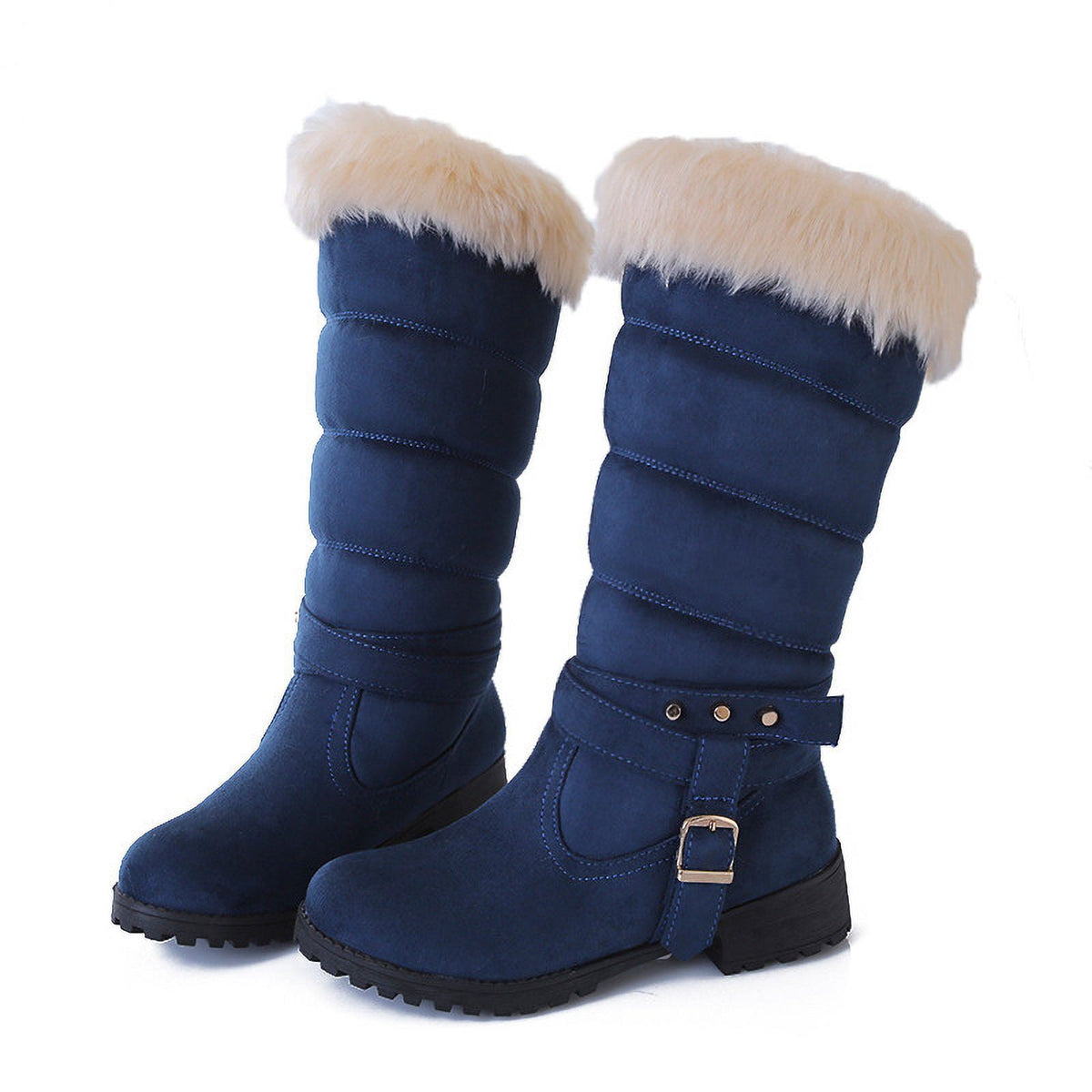Mid Calf Boots For Women Thermal Plush Fleece Lined Suede Round Toe Chunky Mid Heels Winter Snow Boots Winter Warm Dress Long Tall Boots Blue 37