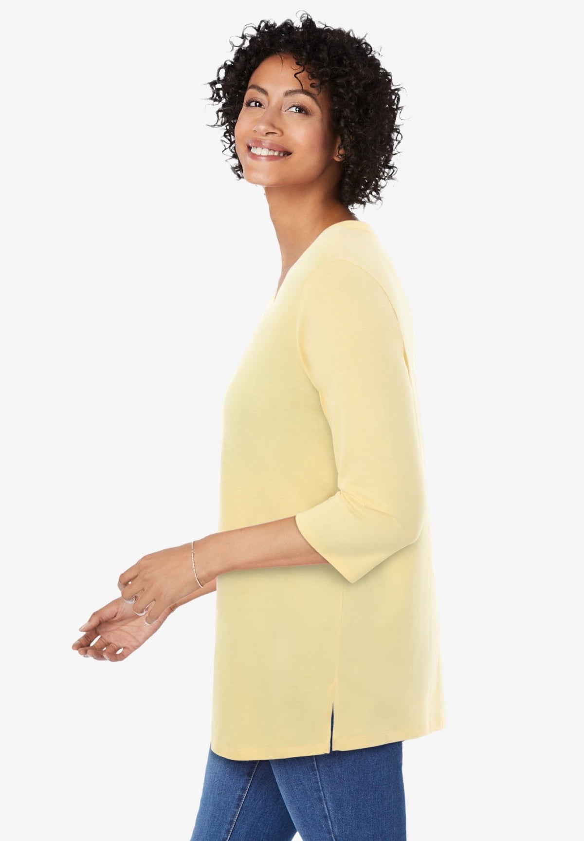 Woman Within Plus Size Perfect Three-Quarter Sleeve V-Neck Tunic