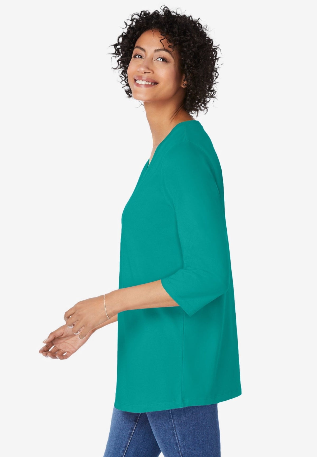Woman Within Plus Size Perfect Three-Quarter Sleeve V-Neck Tunic