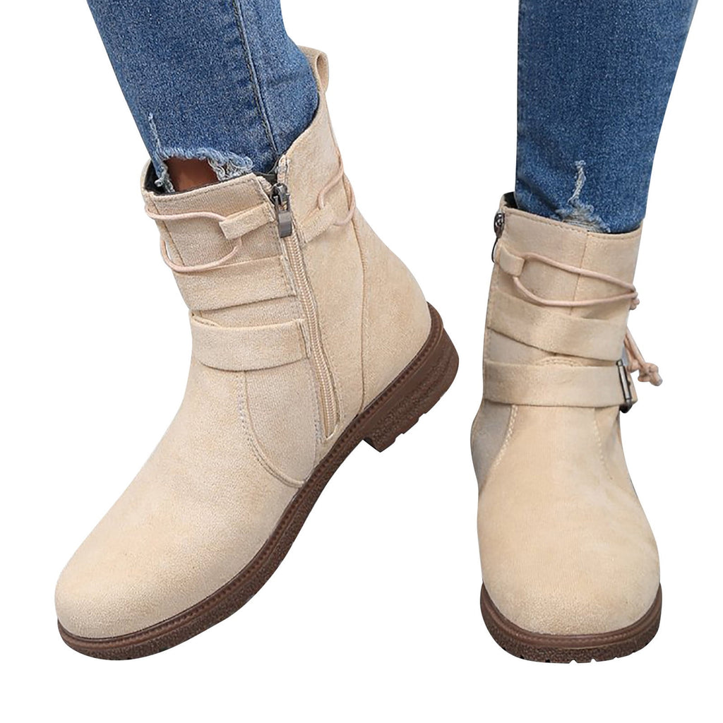 hopeusnice Women's Ankle Boots Suede Buckle Zipper Winter Booties Warm Flat Shoes Comfortable Low Heel Boots Beige 36