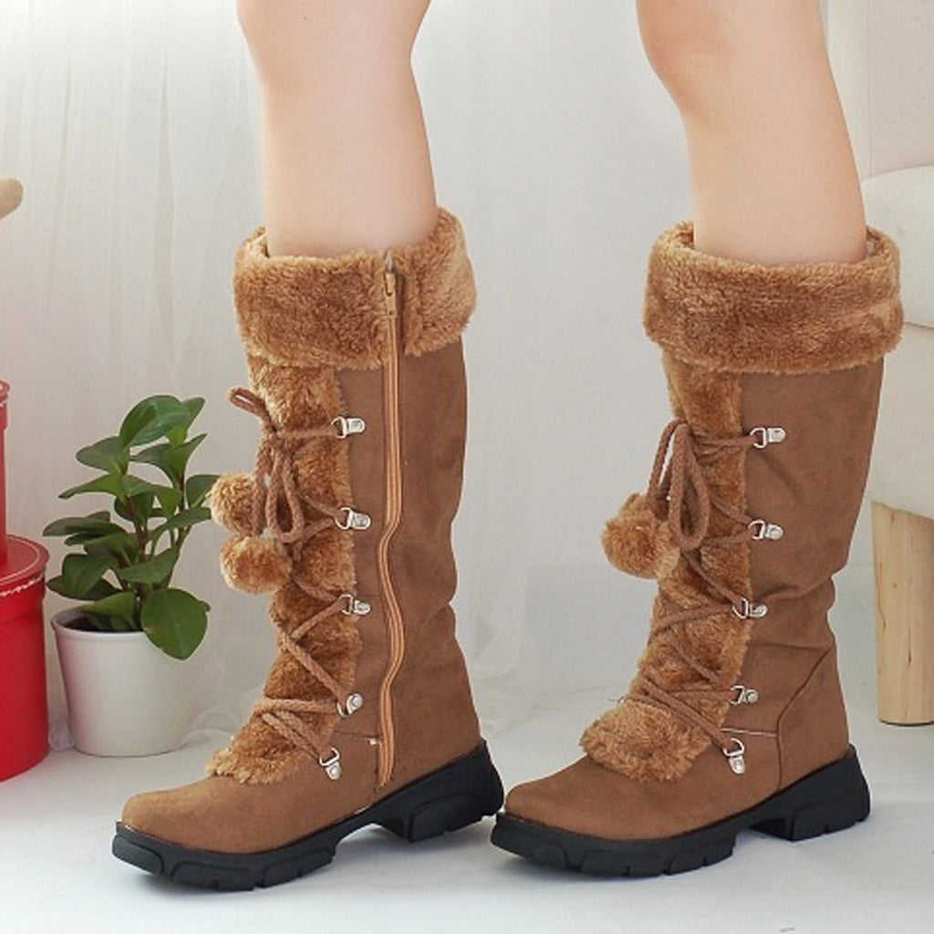 hopeusnice Women's Winter Boots Fuzzy Fleece Lined Knee High Snow Boots Warm Plush Lace Up Outdoor Ankle Boots Beige 36