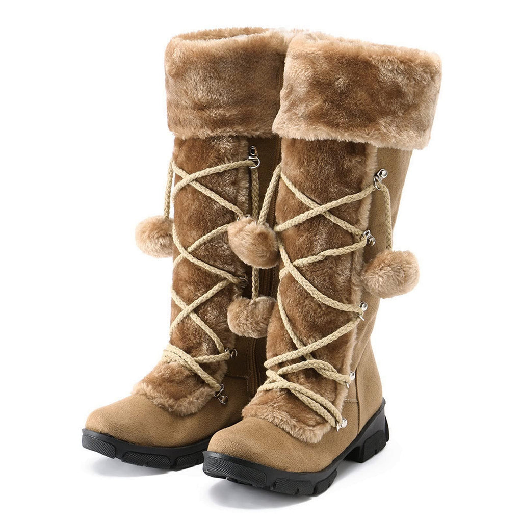 hopeusnice Women's Winter Boots Fuzzy Fleece Lined Knee High Snow Boots Warm Plush Lace Up Outdoor Ankle Boots Beige 36