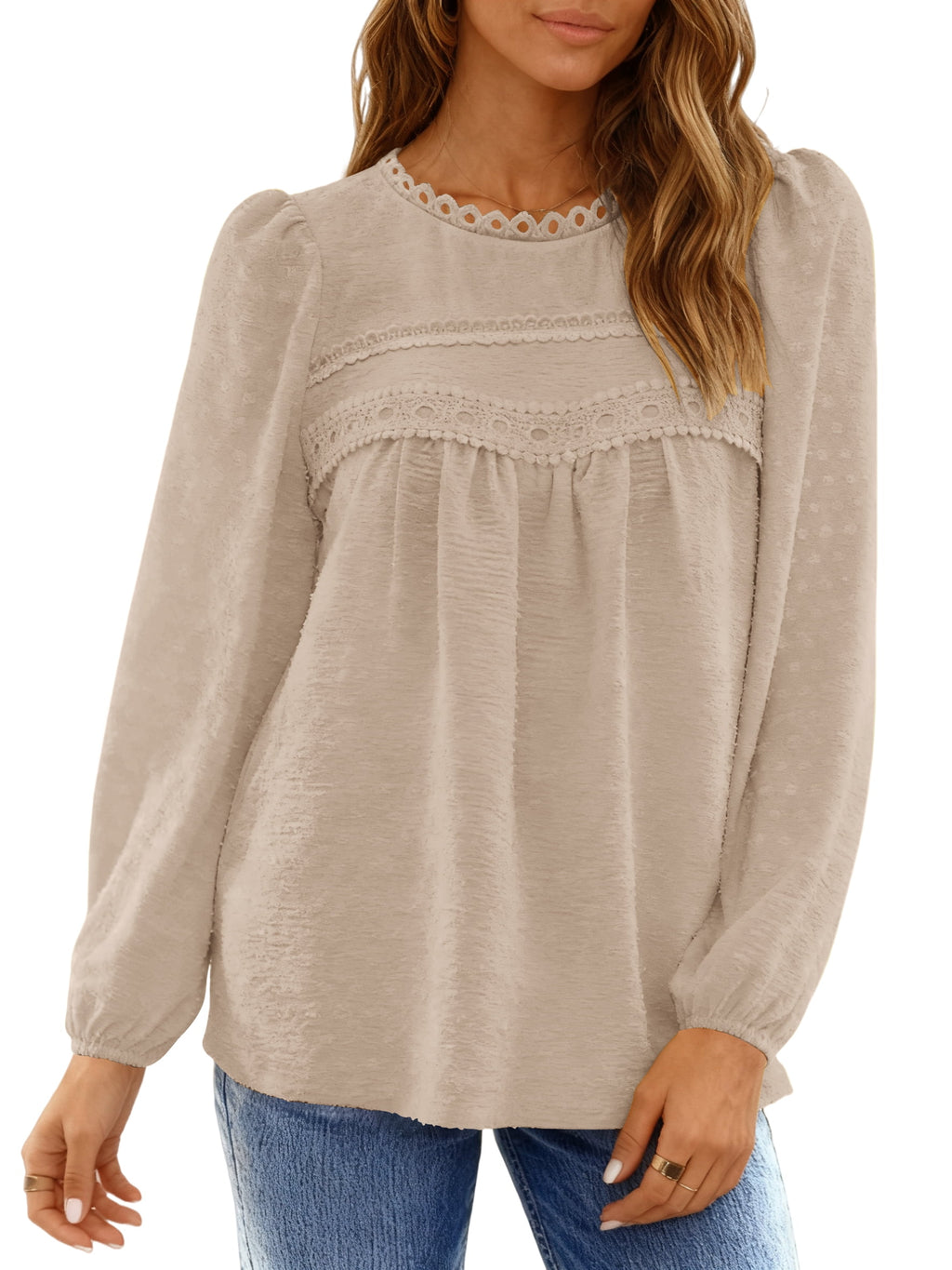UVN Fall Shirts for Women Long Sleeve Blouses Ladies Crewneck Lace Crochet Tops Dressy Chiffon Blouses
