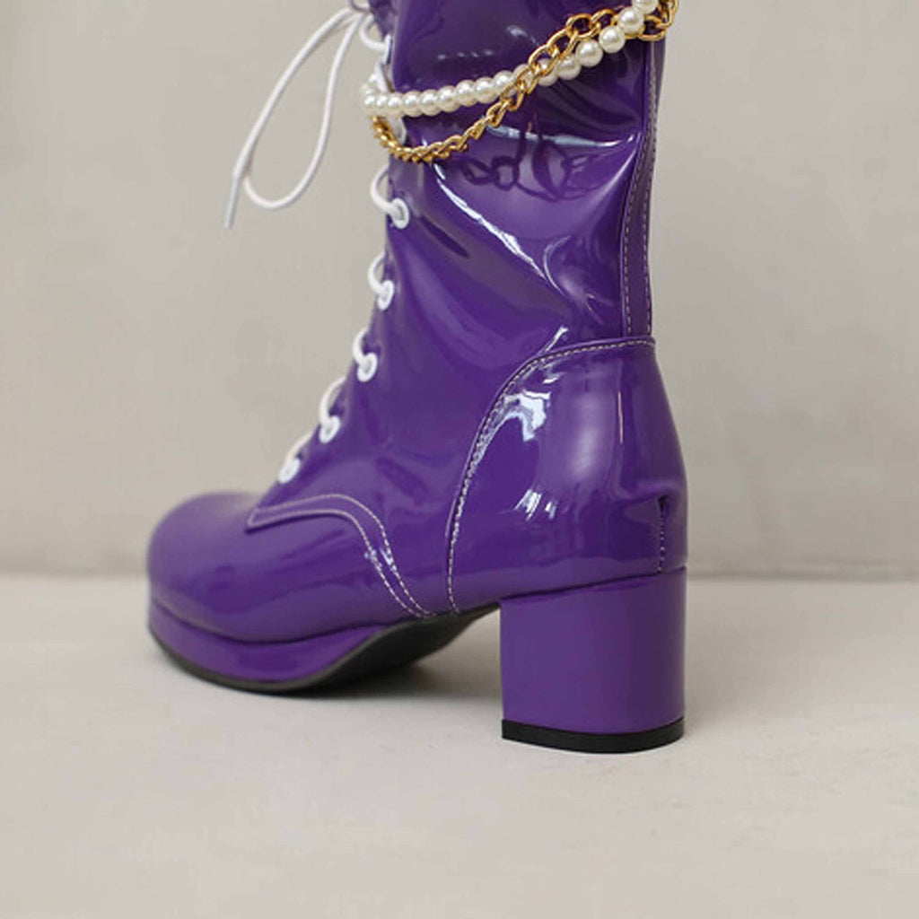 hopeusnice Knee High Boots for Women Mid Calf Boots Chunky Block Heels Buckle Lace Up Boots Stylish Fall Winter Shoes Orange 36