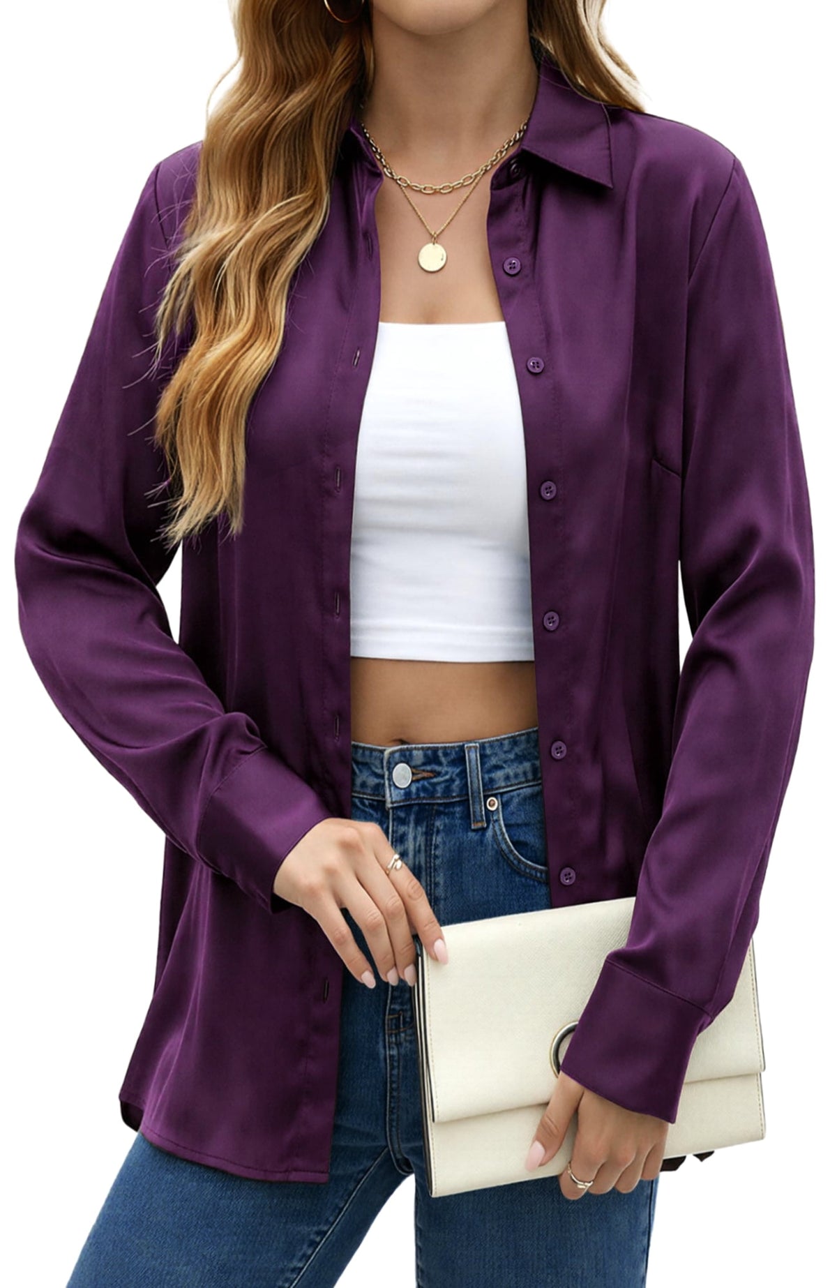 UVN Blouses for Women Long Sleeve Satin Shirts Button Down Ladies Casual Top